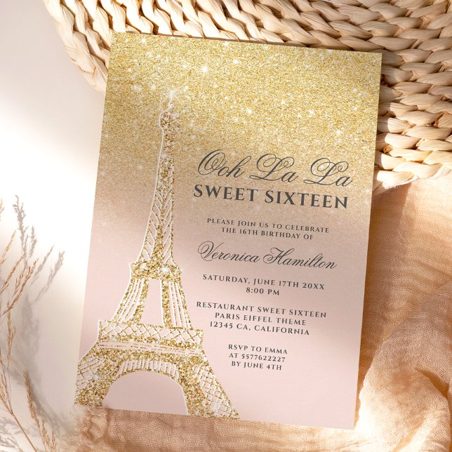 Invitation Tour Eiffel chic or parties scintillant rose Sweet (Créateur téléchargé)