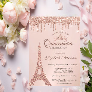 Invitation Tour Eiffel Chic, Rose Roulettes d'or Quinceañera