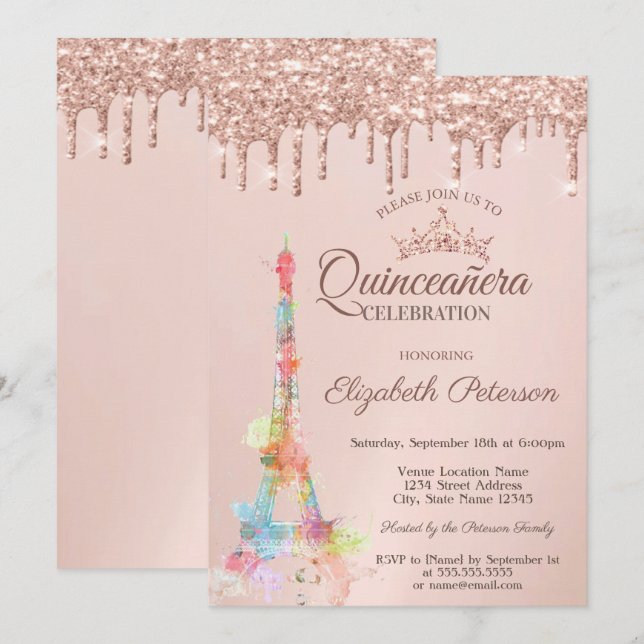 Invitation Tour Eiffel colorée, Rose gouttes d'or Quinceañera (Devant / Derrière)