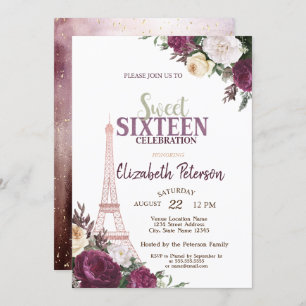 Invitation Tour Eiffel Confetti Bourgogne Fleurs Douce 16