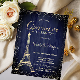 Invitation Tour Eiffel Confetti Marine Blue Quinceanera