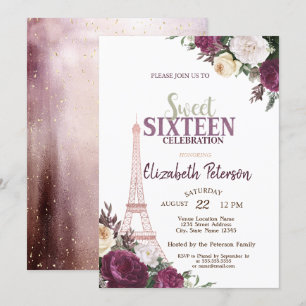 Invitation Tour Eiffel Confettis Fleurs Bourgogne Sweet 16