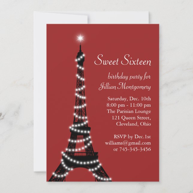 Invitation Tour Eiffel de scintillement en rouge (Devant)