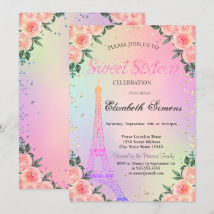 Invitation Tour Eiffel Diamants Rose Holographique Sweet 16