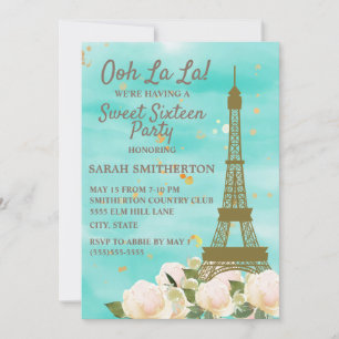 Invitation Tour Eiffel dorée bleu sarcelle vert menthe Sweet 
