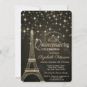 Invitation Tour Eiffel en or,Diadème,Étoiles Quinceañera Gris