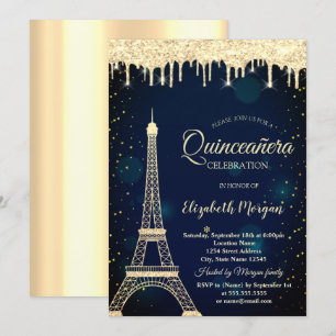 Invitation Tour Eiffel en or,Gouttes de Quinceañera bleu mari