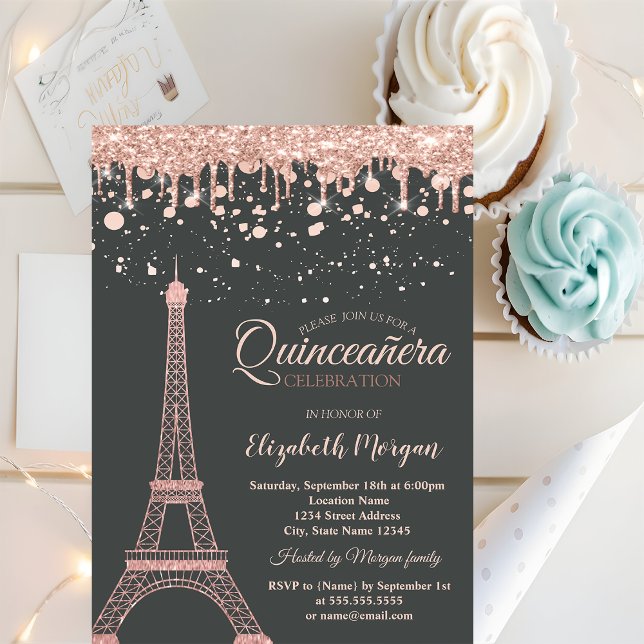 Invitation Tour Eiffel en or rose, Pots de perche Quinceañera (Créateur téléchargé)