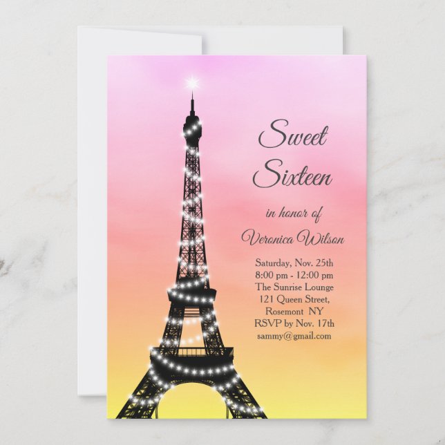 Invitation Tour Eiffel étincelante Sweet sixteen rose / corai (Devant)