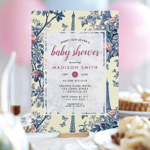 Invitation Tour Eiffel Fête de Bébé Toile de Jouy Française