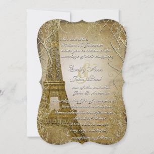 Invitation Tour Eiffel Feuilles d'or brûlé métal