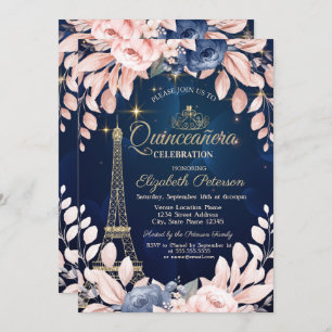 Invitation Tour Eiffel, Fleurs Bleues, Marine Blue Quinceañer