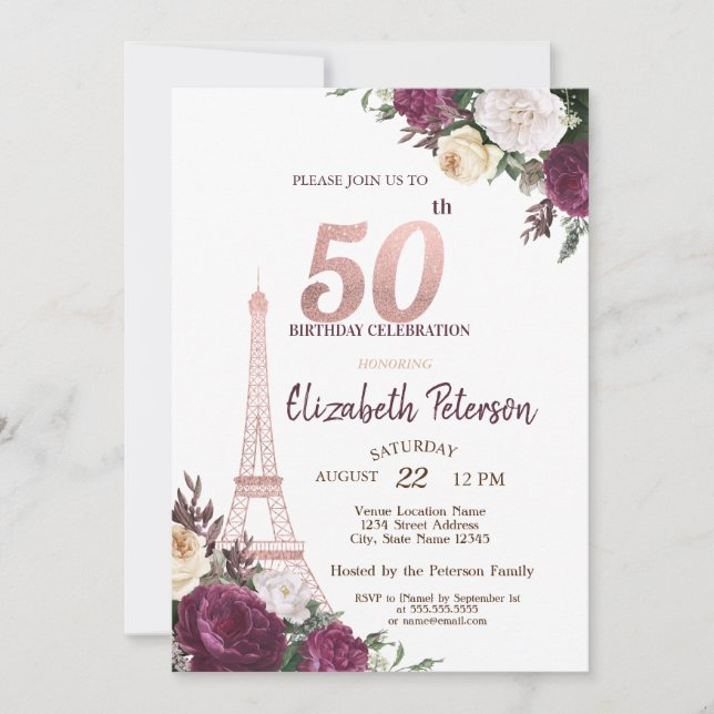 Invitation Tour Eiffel Fleurs Bourgogne 50e anniversaire (Devant)