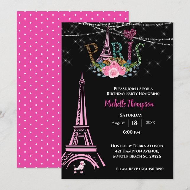 Invitation Tour Eiffel Floral Paris France Anniversaire (Devant / Derrière)