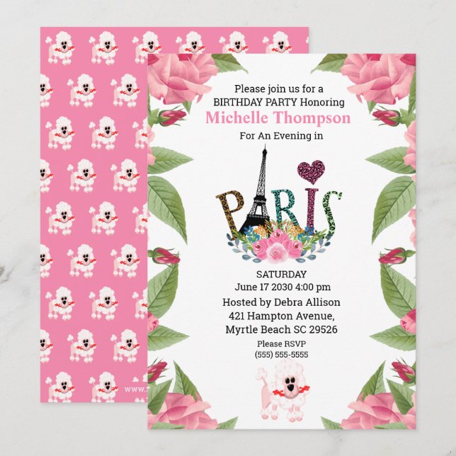 Invitation Tour Eiffel Floral Paris France Anniversaire (Devant / Derrière)