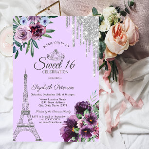 Invitation Tour Eiffel,Gouttes,Fleurs Violettes Sweet 16