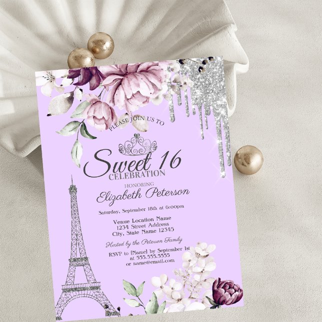 Invitation Tour Eiffel, Lavettes, Lilac Fleurs Douce 16 (Créateur téléchargé)