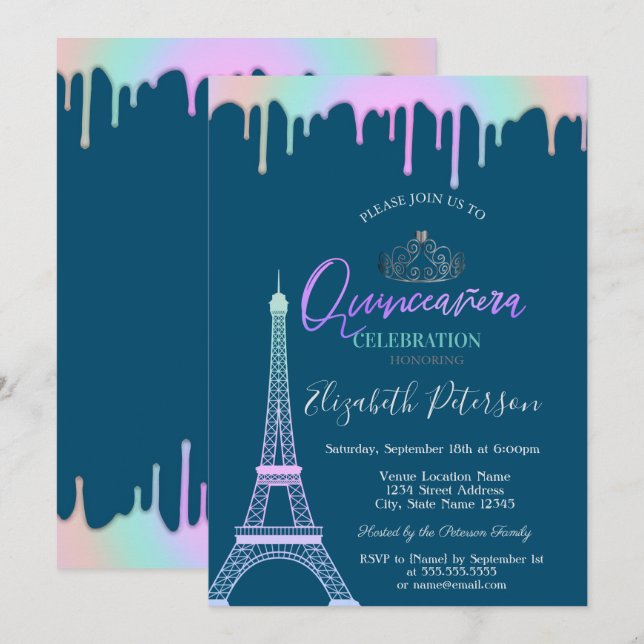 Invitation Tour Eiffel, Lecteurs Arc En Ciel Blue Quinceañera (Devant / Derrière)