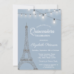 Invitation Tour Eiffel, Lumières Dusty Blue Quinceañera