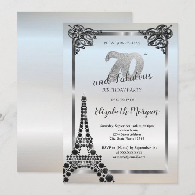 Invitation Tour Eiffel Noire de luxe, Bordure 70e anniversair (Devant / Derrière)