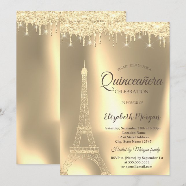 Invitation Tour Eiffel Or, Chic Drives Quinceañera (Devant / Derrière)