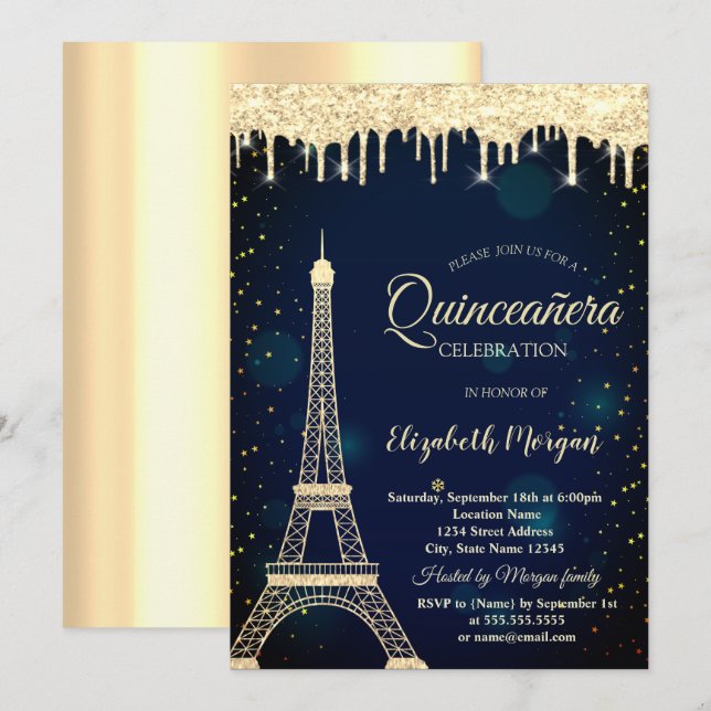 Invitation Tour Eiffel or, Drives Marine Blue Quinceañera (Devant / Derrière)
