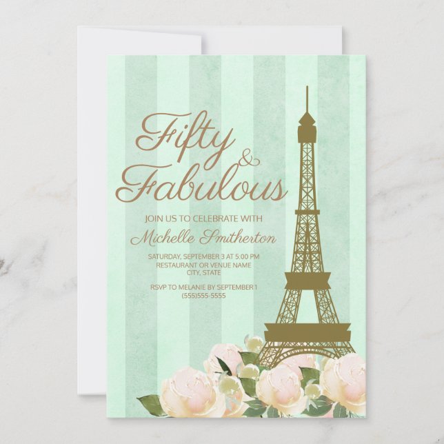 Invitation Tour Eiffel Or Vert Menthe 50e Anniversaire (Devant)