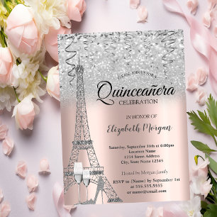 Invitation Tour Eiffel pailletée argent, Rose Or Verre 