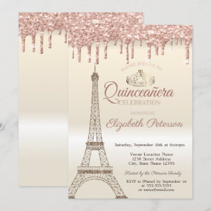 Invitation Tour Eiffel pailletée, Diadème, Gouttes Quinceañer