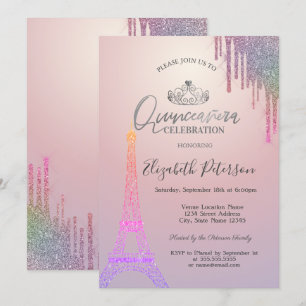 Invitation Tour Eiffel pailletée, gouttes colorées pour Quinc
