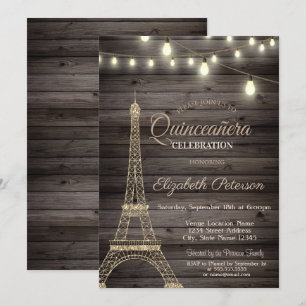 Invitation Tour Eiffel pailletée or, Bois Quinceañera