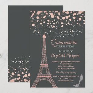 Invitation Tour Eiffel pailletée, talons points Quinceañera