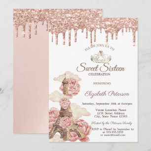 Invitation Tour Eiffel Paillettes Rose Gold Gouttes Douce 16