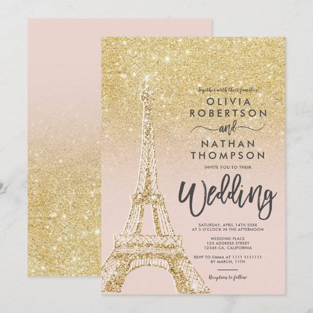 Invitation Tour Eiffel Paris chic parties scintillant dorée r (Devant / Derrière)