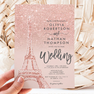 Invitation Tour Eiffel Paris rose or parties scintillant rose