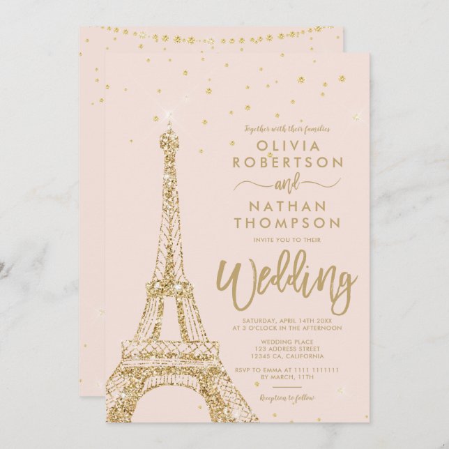 Invitation Tour Eiffel parties scintillant dorée mariage rose (Devant / Derrière)