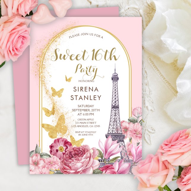 Invitation Tour Eiffel Parties scintillant & Fleurs Girly Swe (Créateur téléchargé)