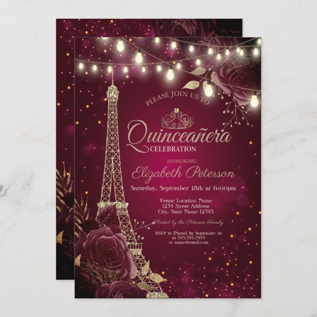Invitation Tour Eiffel parties scintillant, Quinceañera Bourg (Devant / Derrière)