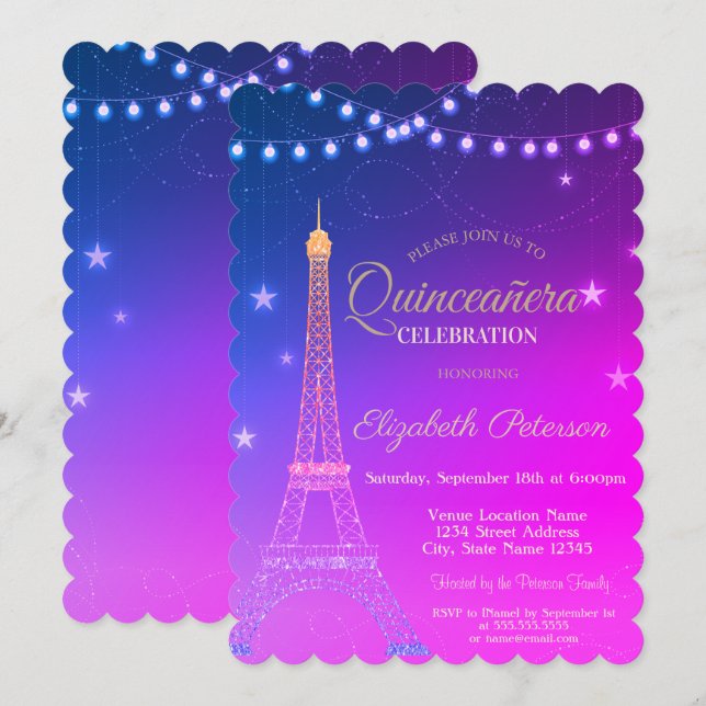 Invitation Tour Eiffel, Quinceañera Bourgogne En (Devant / Derrière)