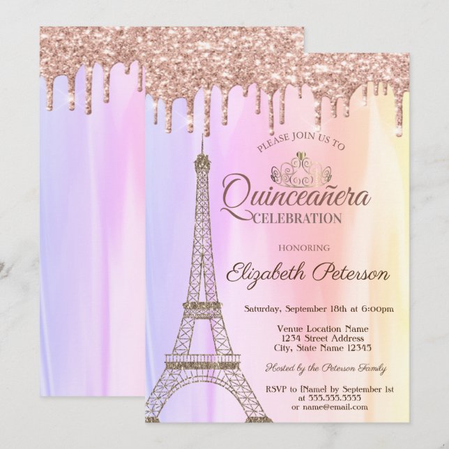 Invitation Tour Eiffel, Quinceañera ombre gouttes de rose dor (Devant / Derrière)