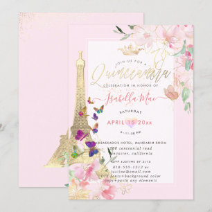Invitation Tour Eiffel Quinceanera, Papillons Aquarillés