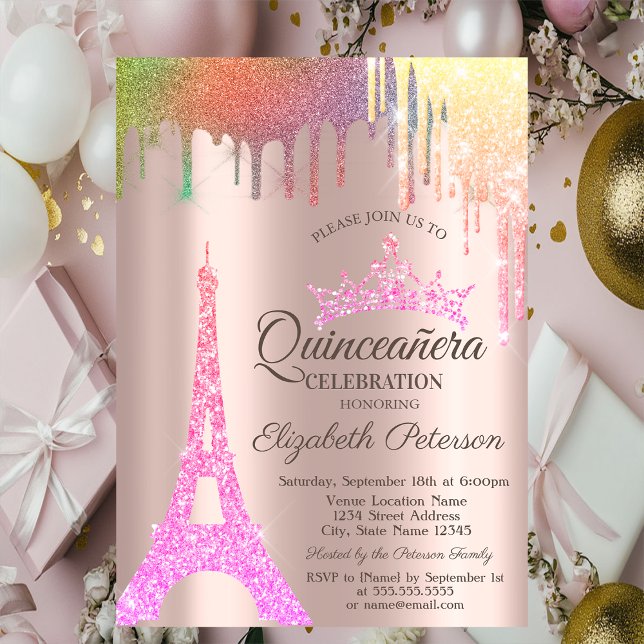 Invitation Tour Eiffel, Rainbow Drivers Rose Gold Quinceañera (Créateur téléchargé)