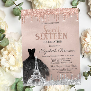 Invitation Tour Eiffel Robe Paillettes Gouttes Or Rose 