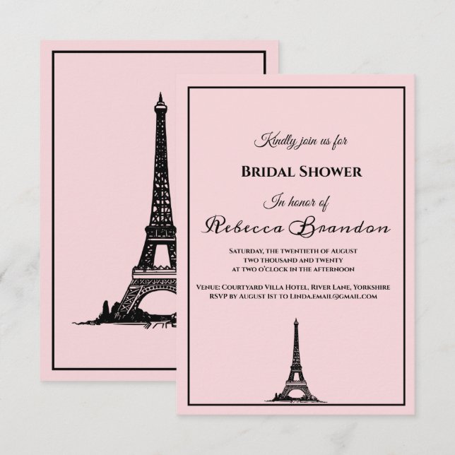 Invitation Tour Eiffel Rose Cute Fête des mariées Paris (Devant / Derrière)