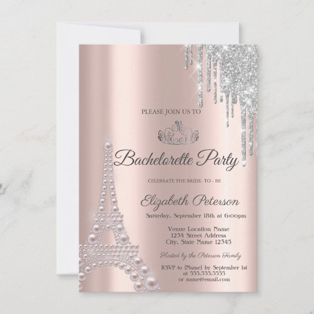 Invitation Tour Eiffel, Rose  Gold Bachelorette Party (Devant)