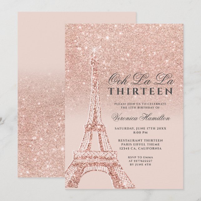 Invitation tour Eiffel rose gold pailleté rose chic treize (Devant / Derrière)
