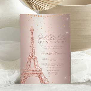 Invitation Tour Eiffel rose or métal feuille quinceanera