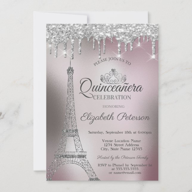 Invitation Tour Eiffel, Rose  or métal Quinceañera (Devant)