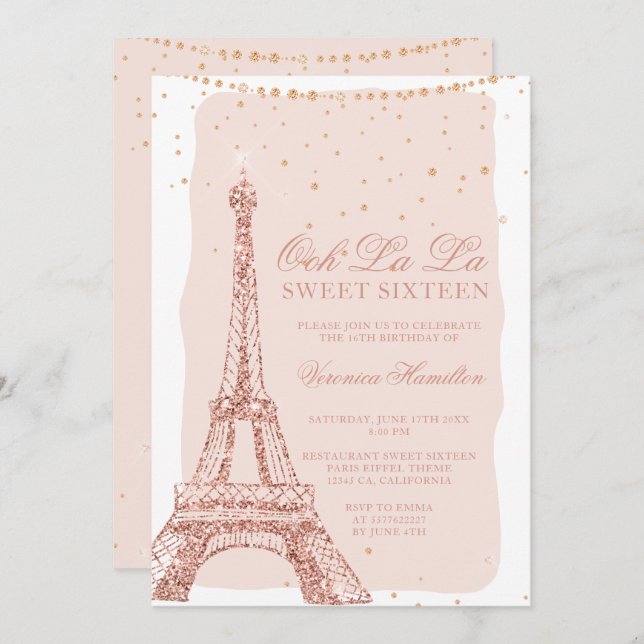 Invitation Tour Eiffel rose or parties scintillant blush Swee (Devant / Derrière)
