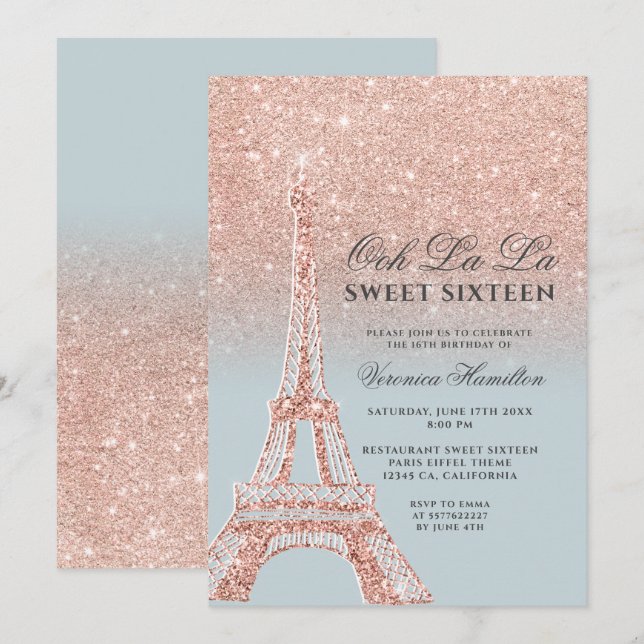 Invitation Tour Eiffel rose or parties scintillant glace bleu (Devant / Derrière)